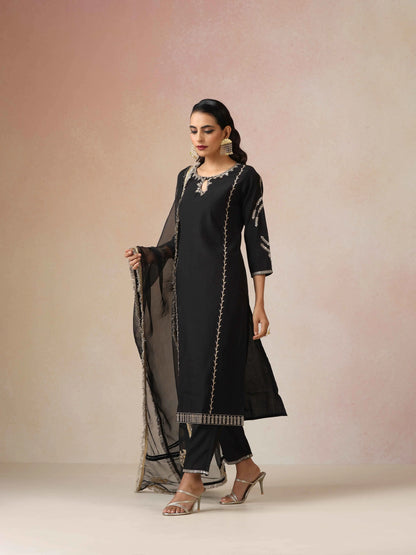 trueBrowns Black Embroidered Kurta Pant Dupatta Set