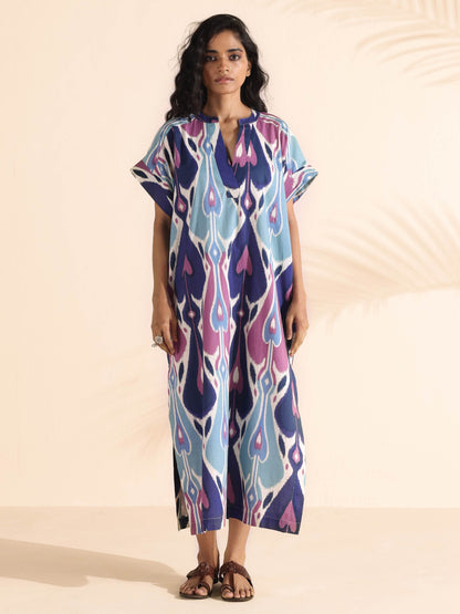 trueBrowns Blue Cotton Ikat Oversized Dress