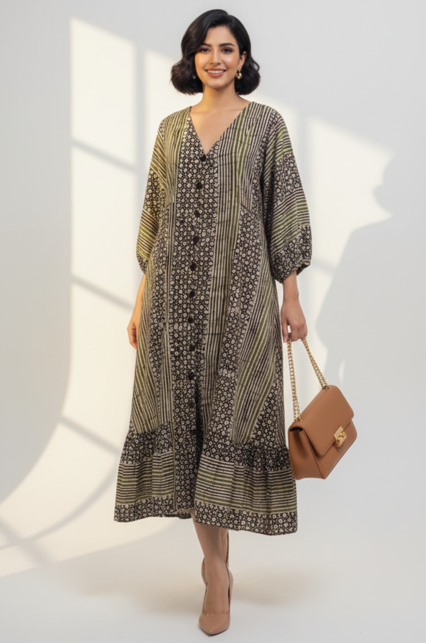 Maati  Olive Merlot Front Button Cotton Dress With Ruffle Border