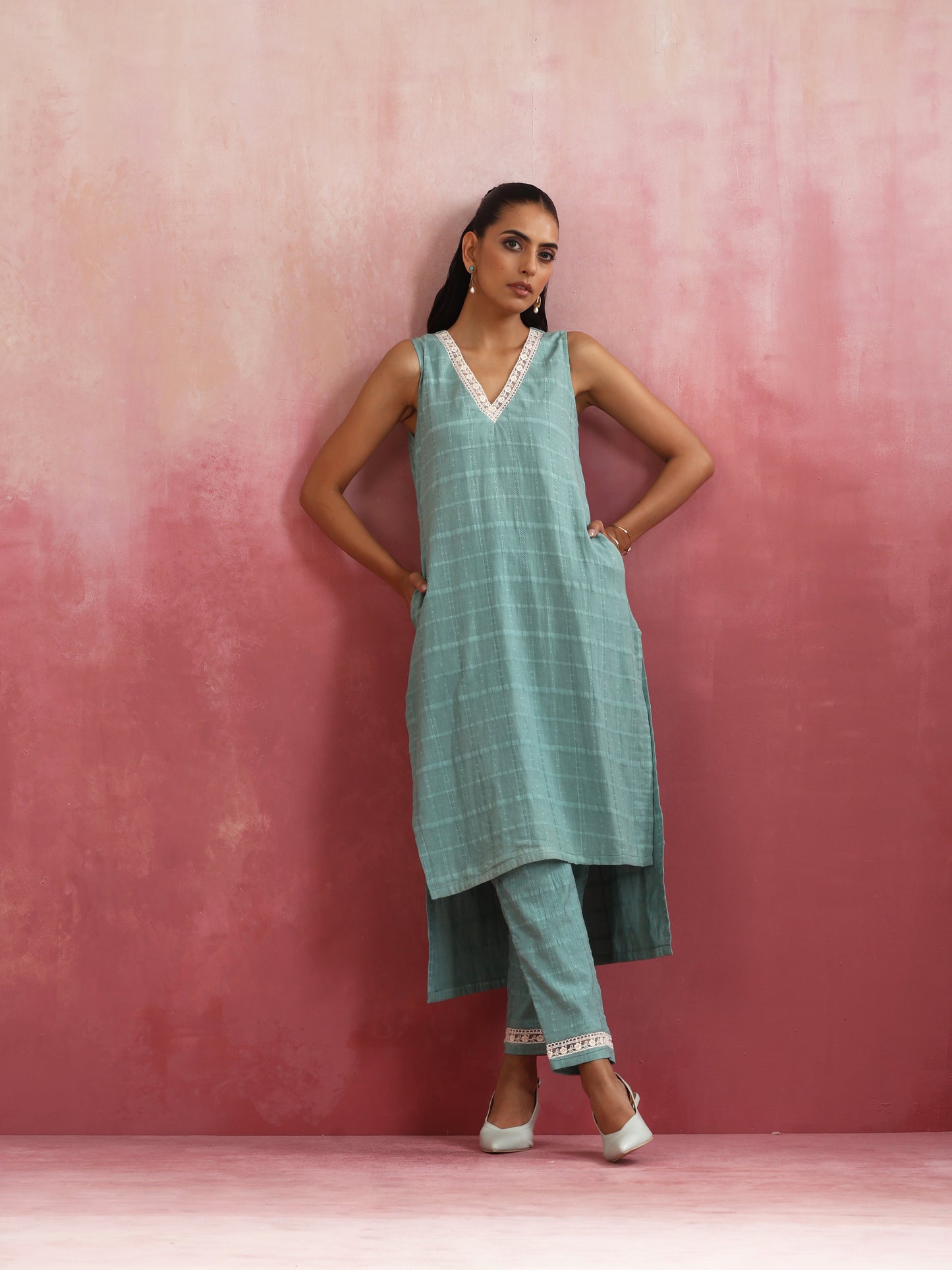 trueBrowns Aqua Blue Cotton Dobby High low Kurta Set