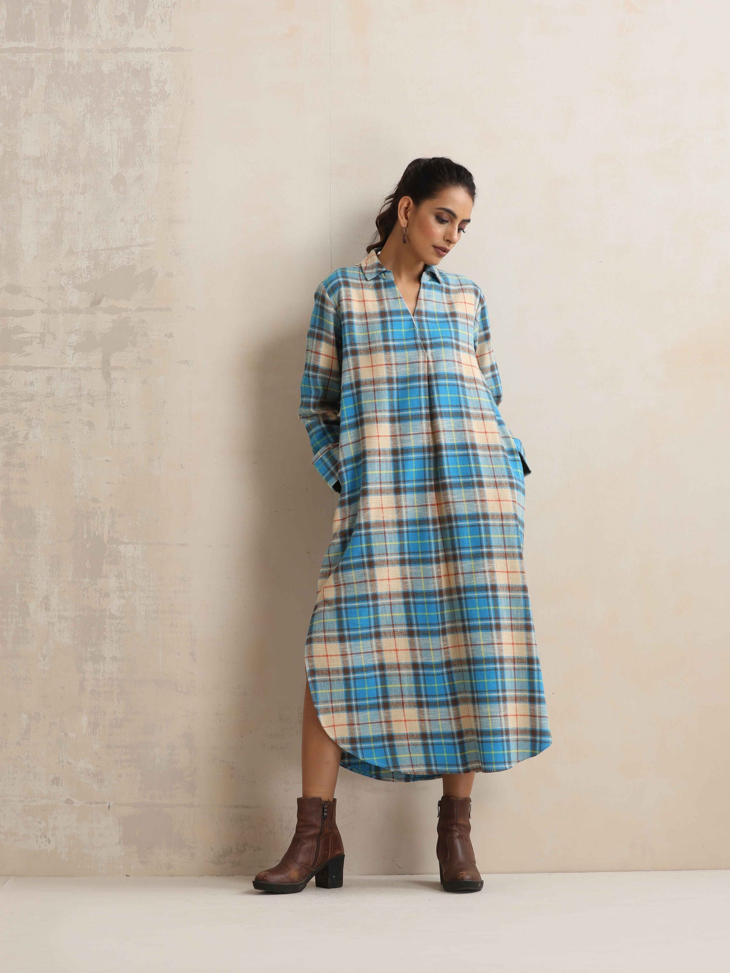 trueBrowns Beige Check Pleated Winter Dress