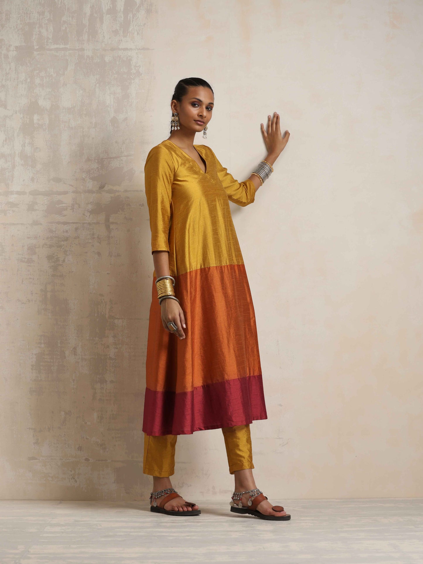 trueBrowns Gold Orange Silk A-line Kurta Set