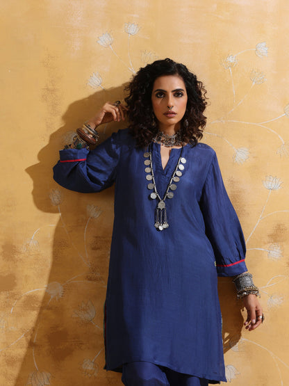 trueBrowns Blue Muslin Silk Relaxed Kurta Co-ord Set LP