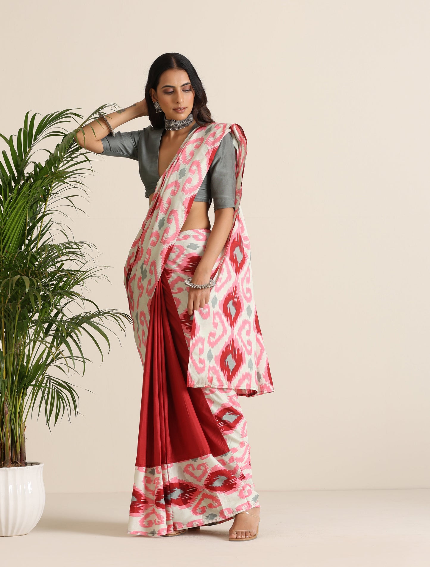 trueBrowns Maroon Grey Muslin Ikat Ready to Wear Saree