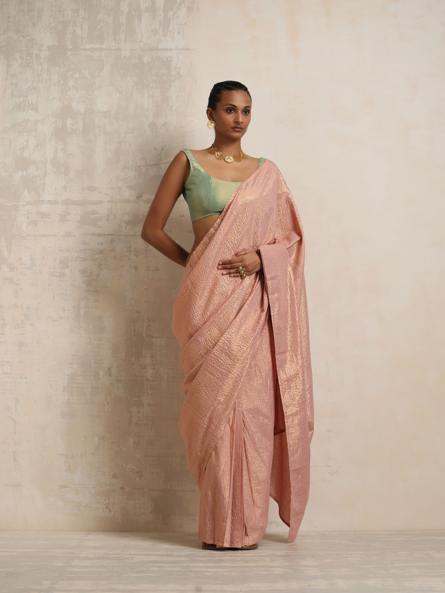 trueBrowns Pink Gold Lurex Ready To Wear Saree