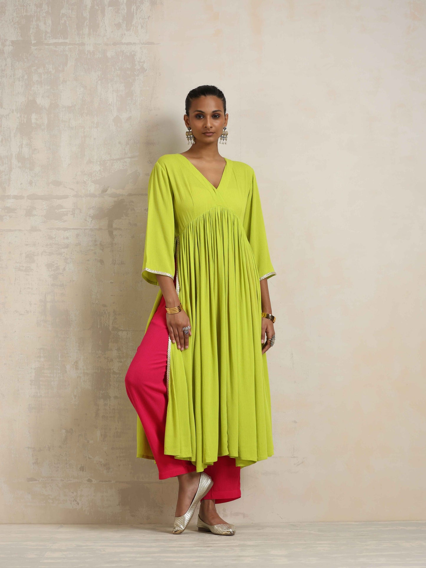 trueBrowns Lime Crinkle Anarkali Flared Kurta Set