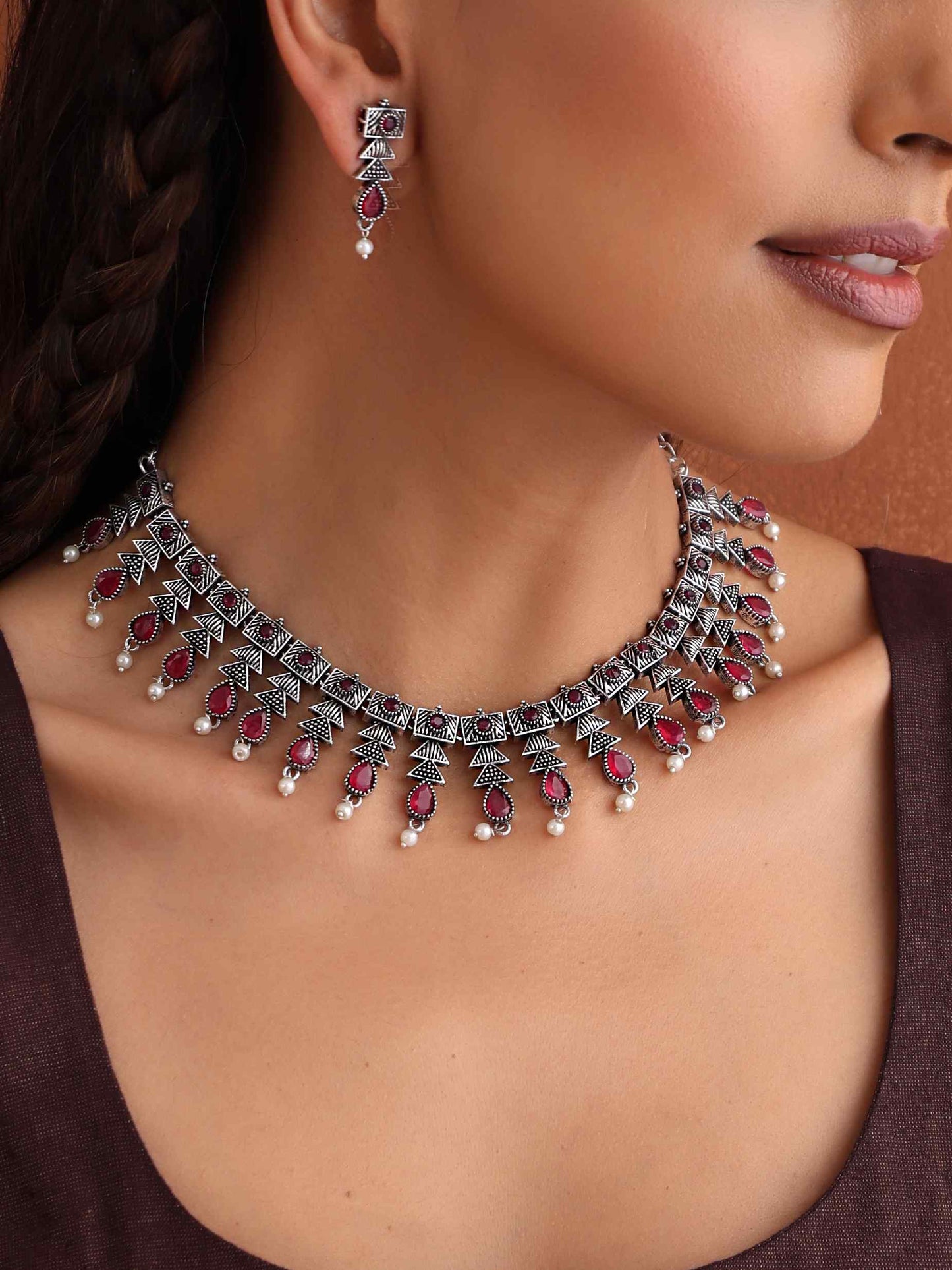 trueBrowns Silver Tone Banjara Necklace Set