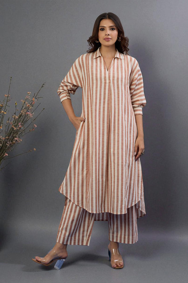 Maati Craft Co-Ord Set Cocoa Trace Collar Box Pleat Kurta & Pants