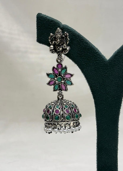 Oxidized Silver Floral Jhumka Earrings with Turquoise & Pink Stones