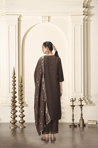 Brown Silk Kurta,Pant and Dupatta 3PCS Set - LP