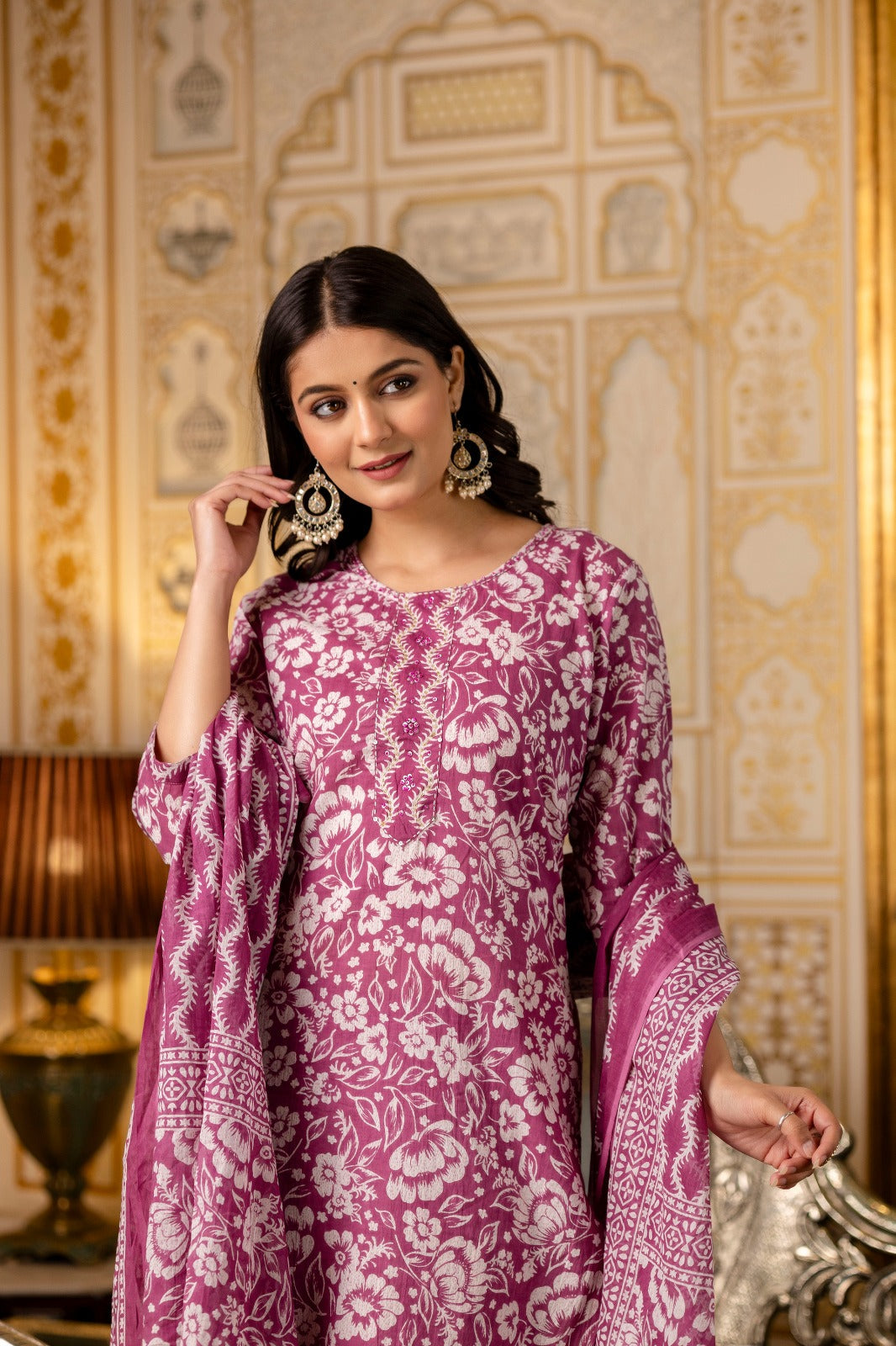 Floral Printed Cotton Kurta 3 PC Set with Dupatta – Onion Pink LP