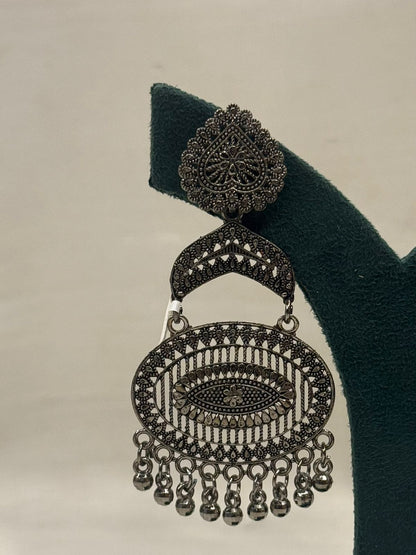 Oxidised Metal Oval Filigree Hanging Earrings with Bead Drops
