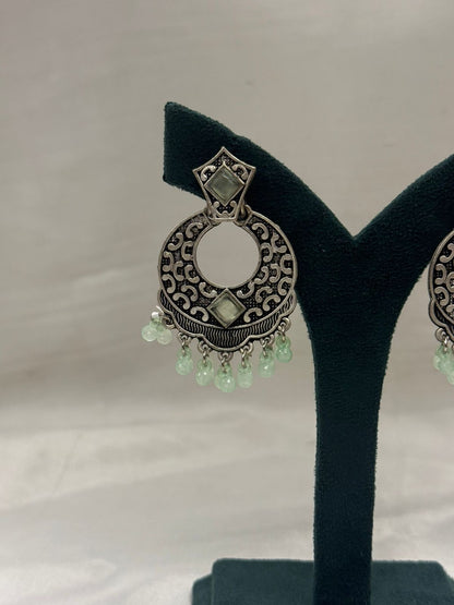 Oxidised Metal Circular Hanging Earrings with Beads