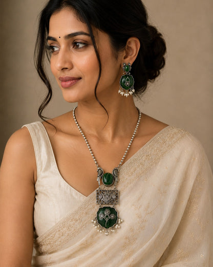 Emerald Green Oxidised Pendant Necklace Set LP- 48Hr Delivery