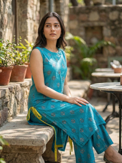 Teal Blue Printed Sleeveless Kurta Set LP- 48Hr Delivery