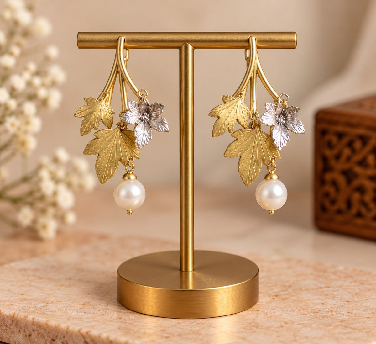 Gold Tone Leaf and Floral Drop Earrings with Pearl Accents LP- 48Hr Delivery