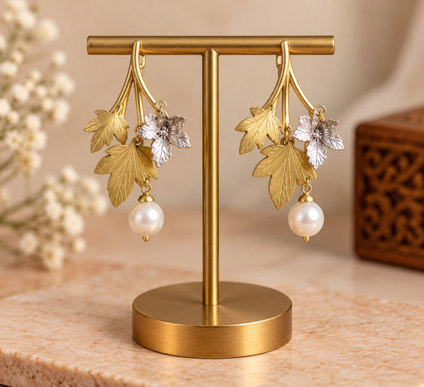Gold Tone Leaf and Floral Drop Earrings with Pearl Accents LP- 48Hr Delivery