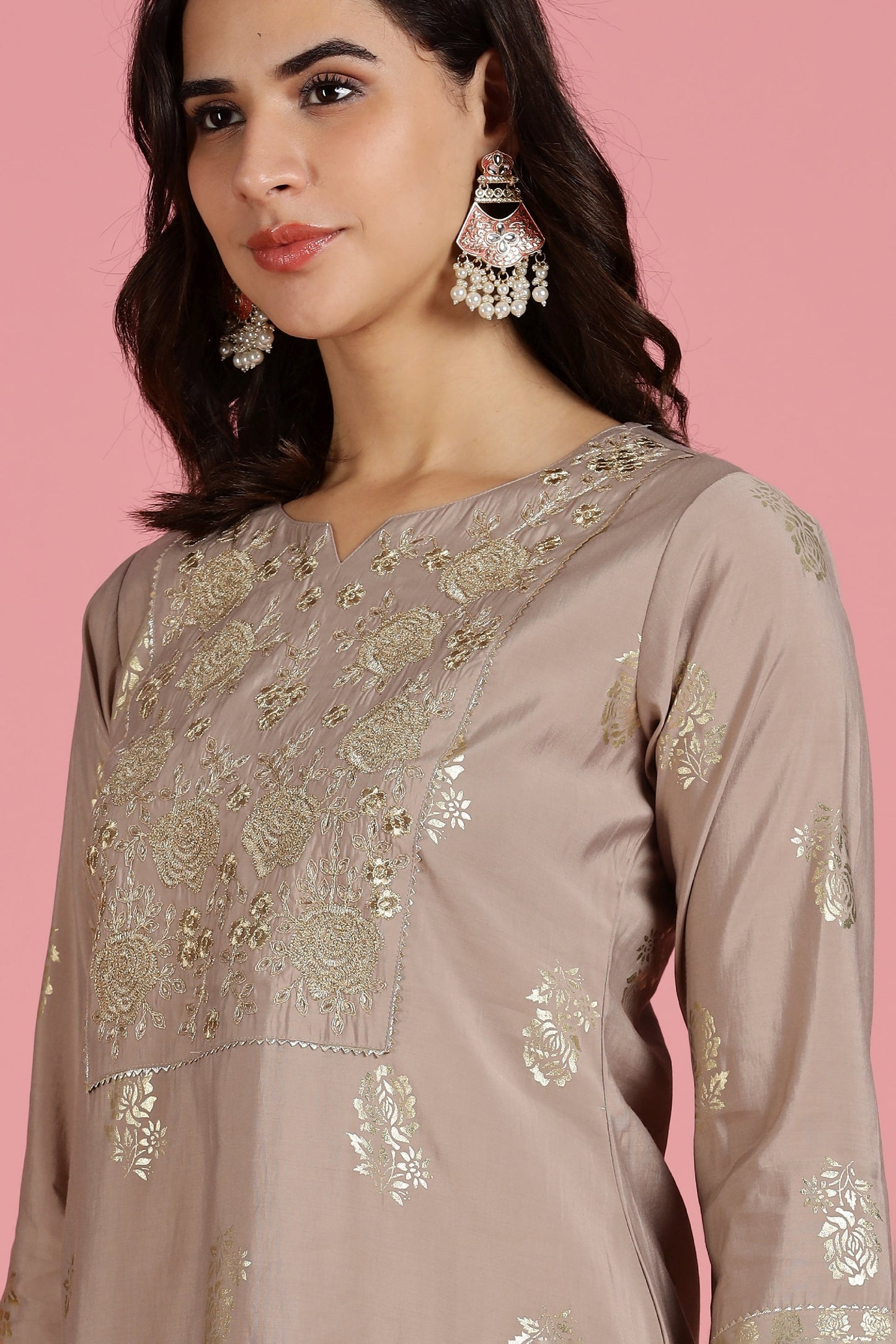 Mocha Mousse Modal Chanderi Embroidered Kurta,Pant and Chiffon Dupatta 3 PCS Set-LP