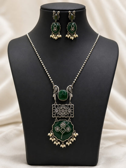 Emerald Green Oxidised Pendant Necklace Set LP- 48Hr Delivery