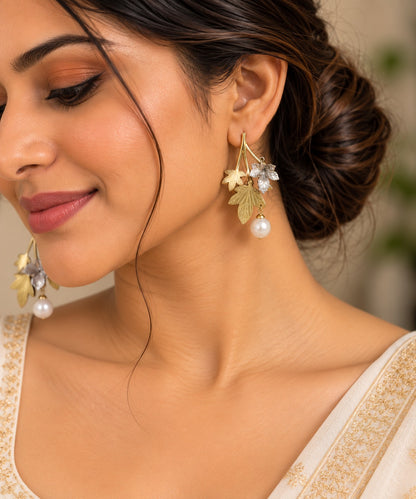 Gold Tone Leaf and Floral Drop Earrings with Pearl Accents LP- 48Hr Delivery