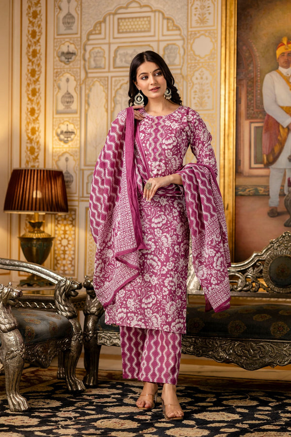 Floral Printed Cotton Kurta 3 PC Set with Dupatta – Onion Pink LP
