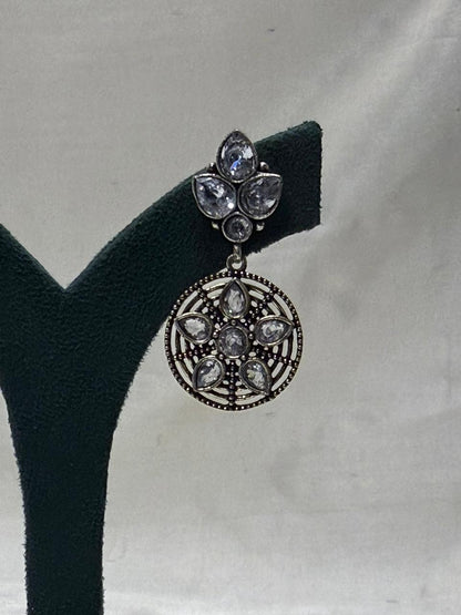 Polki Stone Oxidised Metal Circular Hanging Earrings