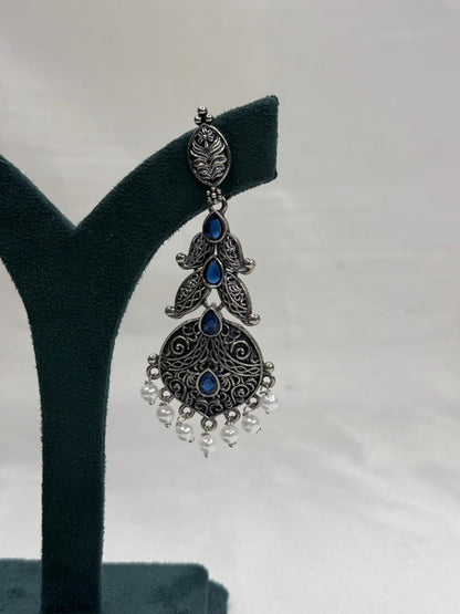 Oxidised Metal Peacock Design Earrings with Blue Stone