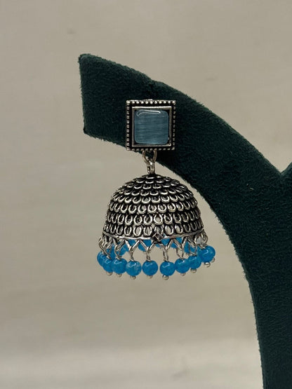 Oxidised Metal Jhumka Earrings with Blue Stone and Beads