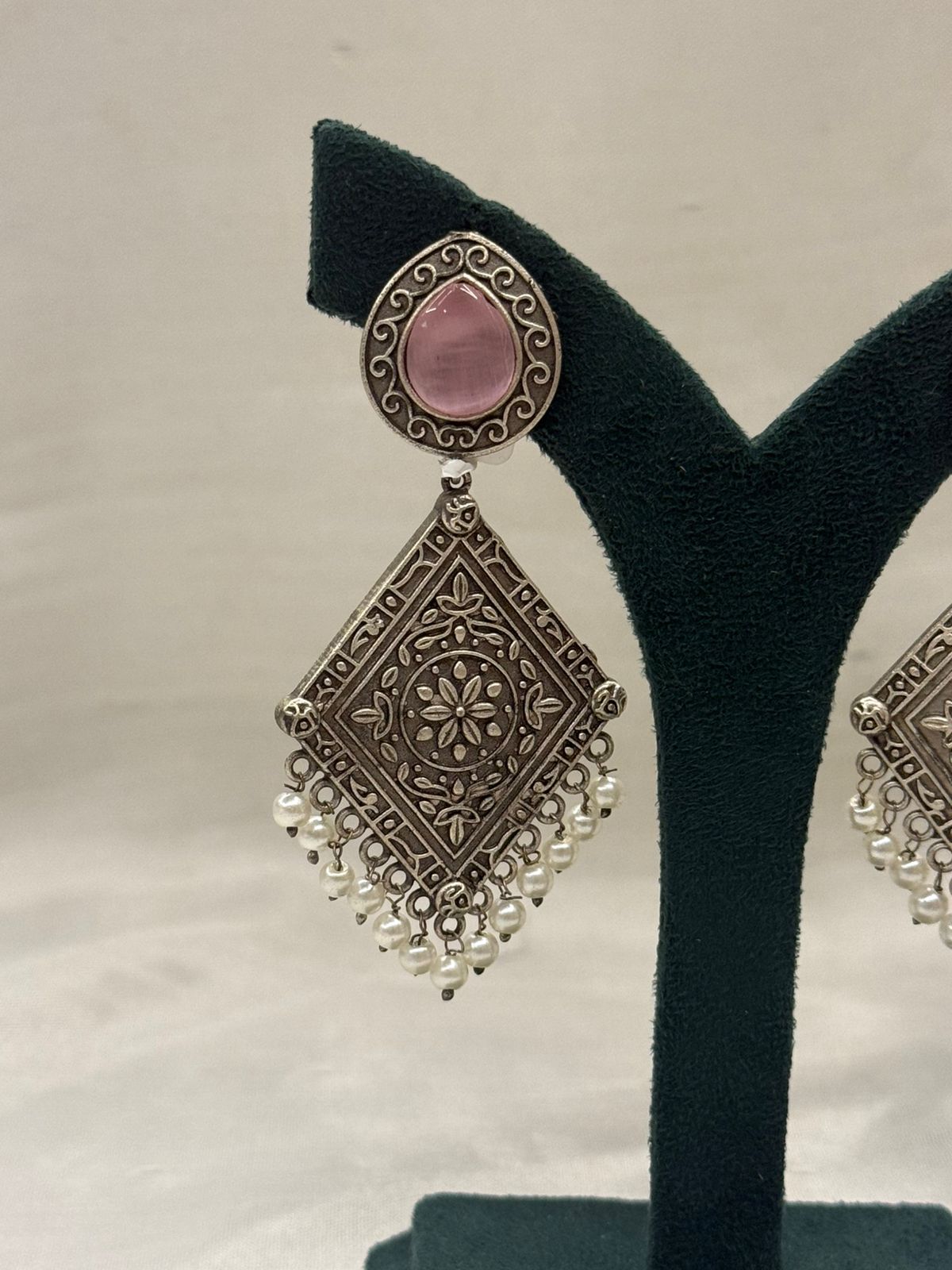Oxidized Silver Teardrop Pink Stone Earrings with Pearl Fringe
