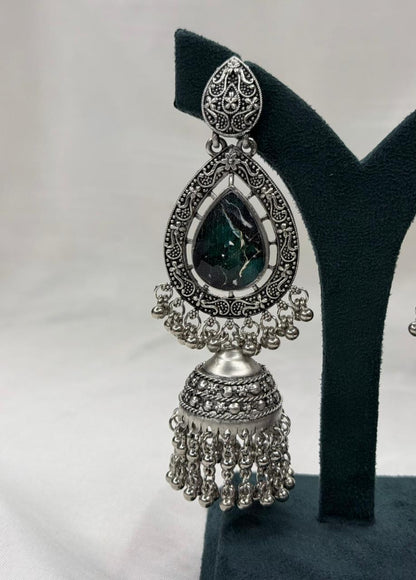 Oxidized Silver Teardrop & Jhumka Drop Earrings Emerald Green