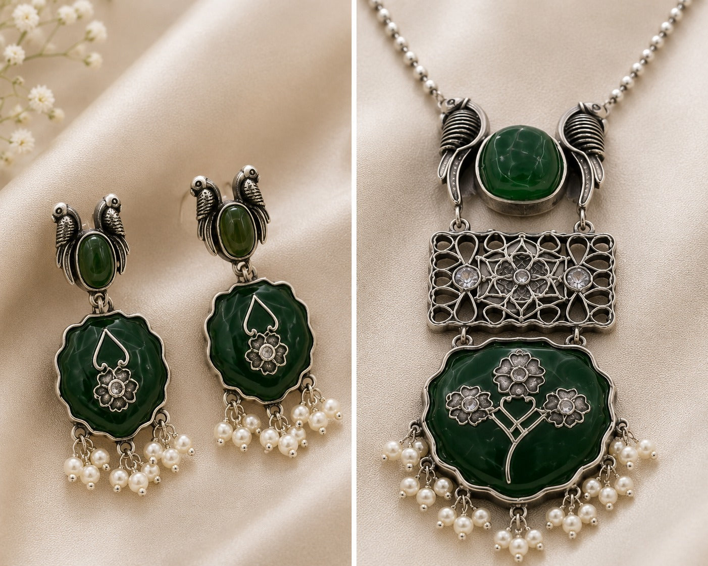 Emerald Green Oxidised Pendant Necklace Set LP- 48Hr Delivery