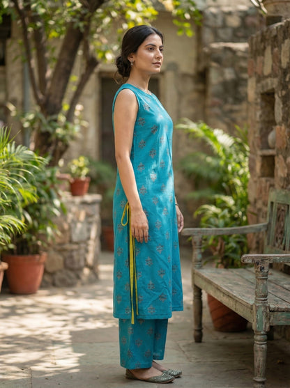 Teal Blue Printed Sleeveless Kurta Set LP- 48Hr Delivery