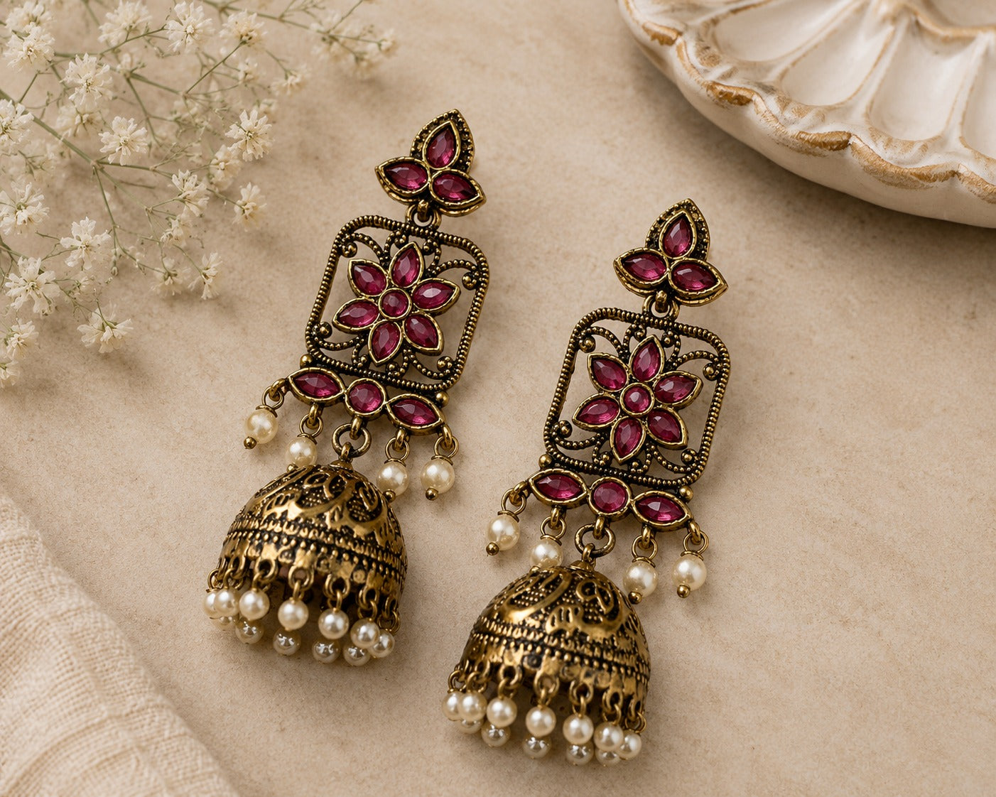 Pink Floral Jhumka Dangler Earrings – Antique Henna-Tone Finish