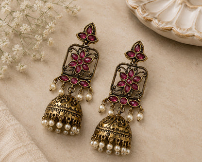 Pink Floral Jhumka Dangler Earrings – Antique Henna-Tone Finish