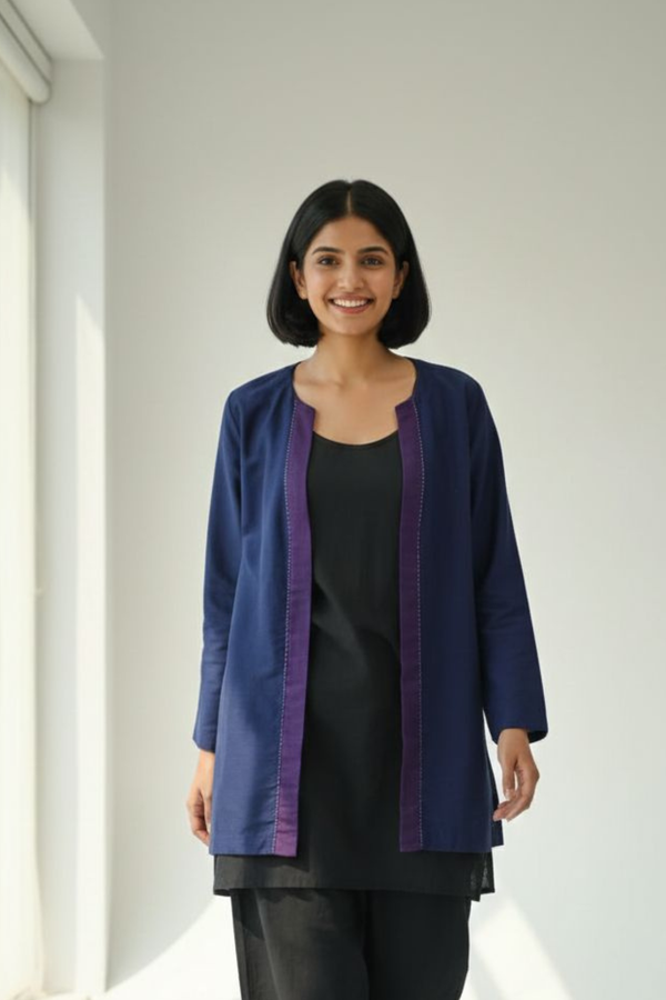 Maati Deep Sapphire Rose Applique Luxe Silk Slub Short Jacket