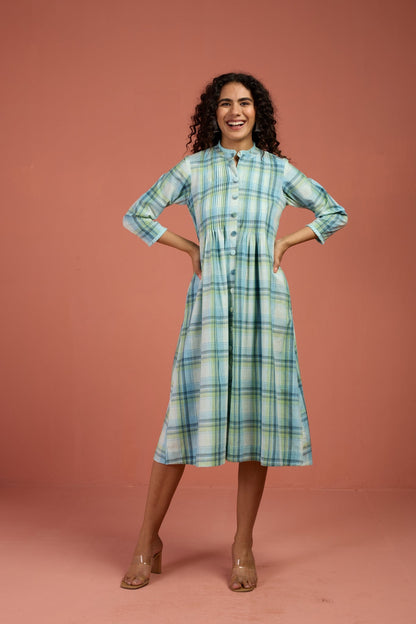 Maati Craft Tide & Twilight Madras Checks Pleated Pintuck Button Down Dress