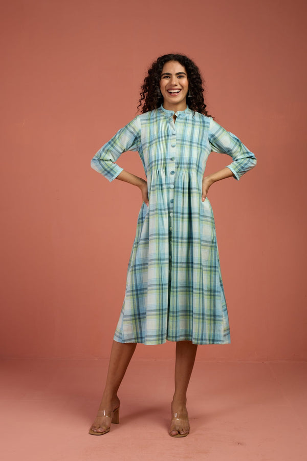 Maati Craft Tide & Twilight Madras Checks Pleated Pintuck Button Down Dress