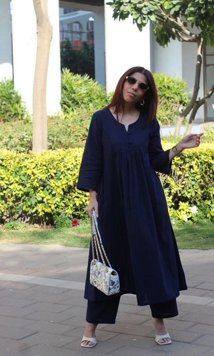 Baareeki Cotton Slub Pleated Navy Blue Co-ord Set