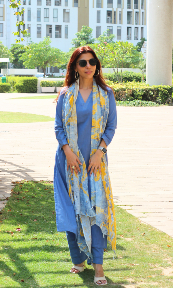 Baareeki Cotton Slub French Blue Suit With Slub Mirage Dupatta