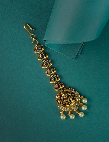 Antique Traditional Ad & Kemp Stone Pearl Maang Tikka