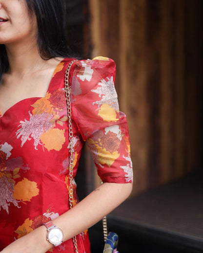 Red Floral Organza Top - Studio Thari