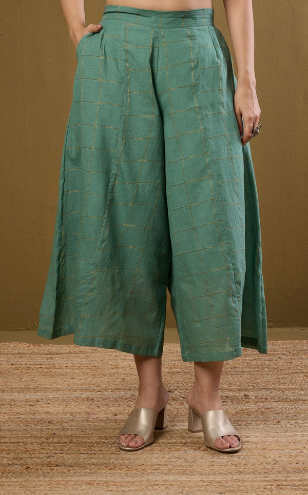 Maati Craft Box Pleated Culotte - Frosted Green Gold Checks
