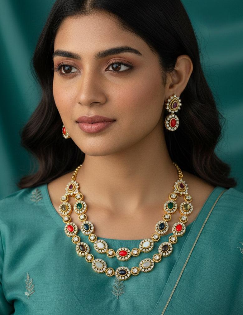 Premium Antique Navaratna Necklace with Earrings Set