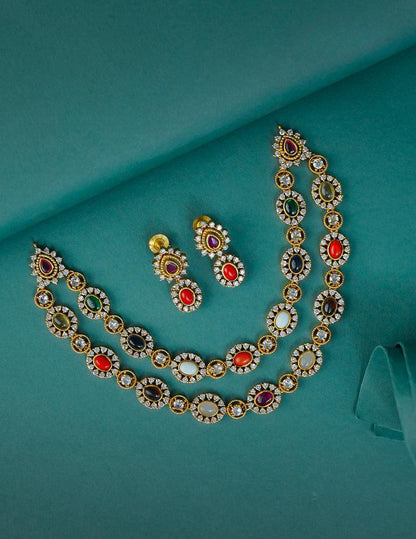 Premium Antique Navaratna Necklace with Earrings Set