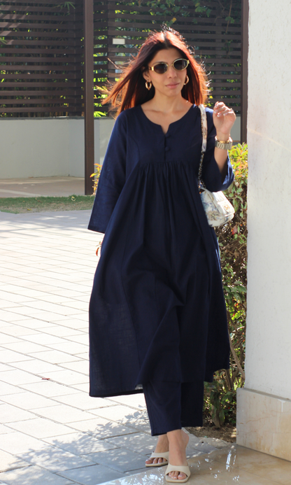 Baareeki Cotton Slub Pleated Navy Blue Co-ord Set