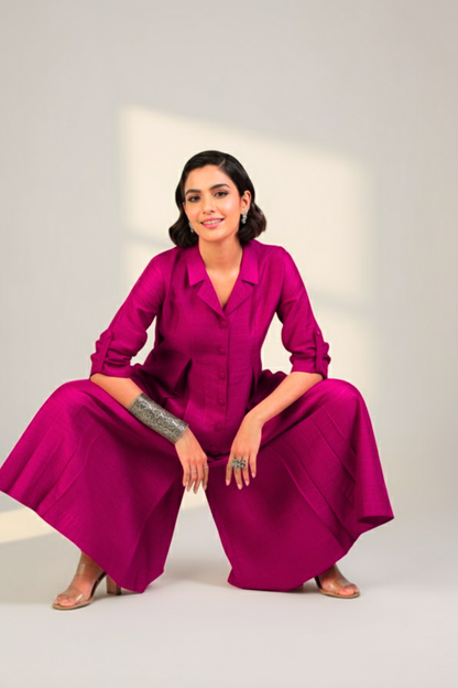Maati  Fuchsia Flame Silk Slub Jumpsuit With Pockets & Collar