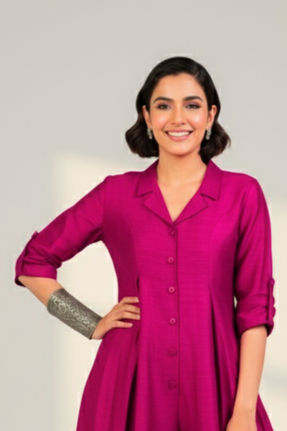 Maati  Fuchsia Flame Silk Slub Jumpsuit With Pockets & Collar