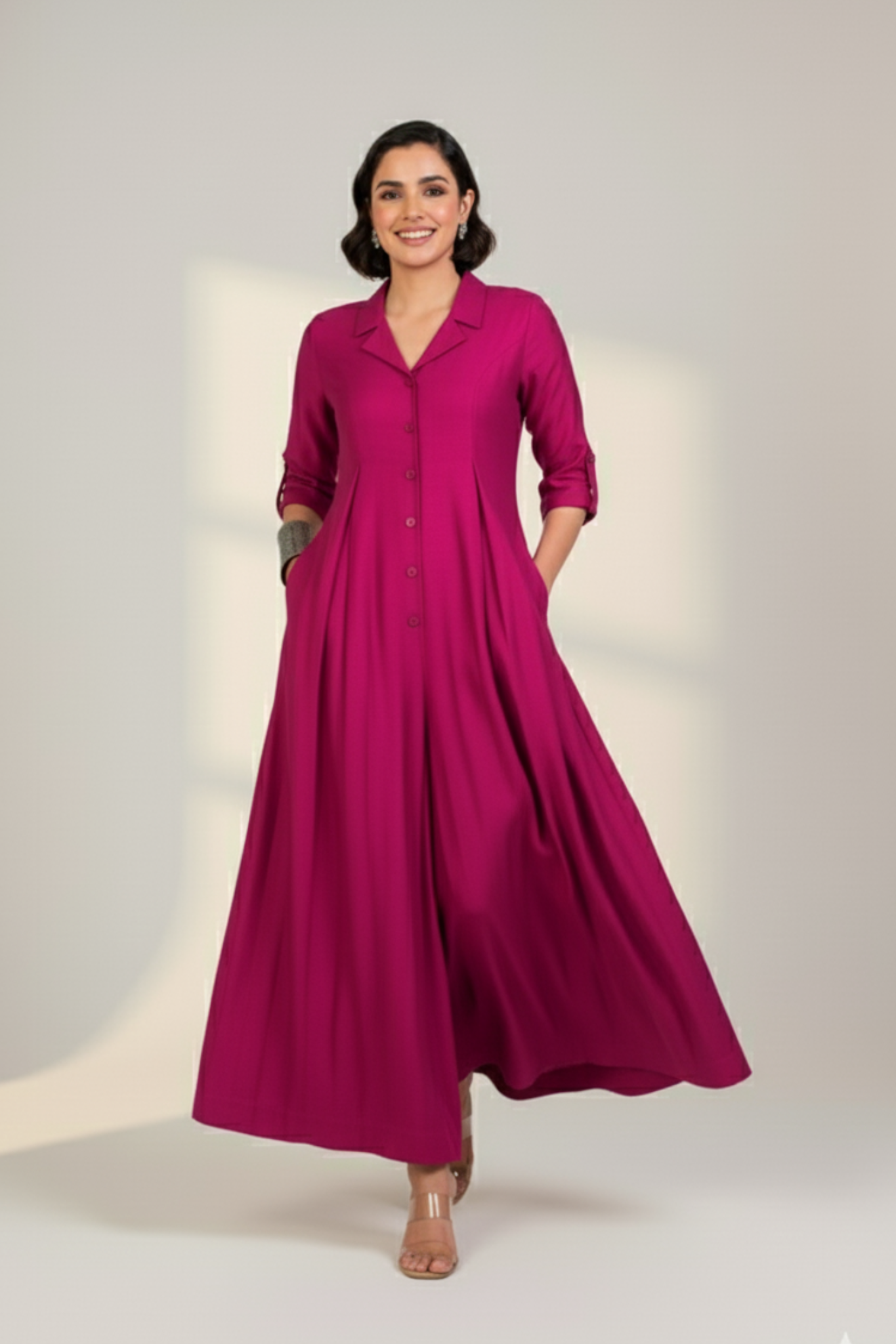 Maati  Fuchsia Flame Silk Slub Jumpsuit With Pockets & Collar