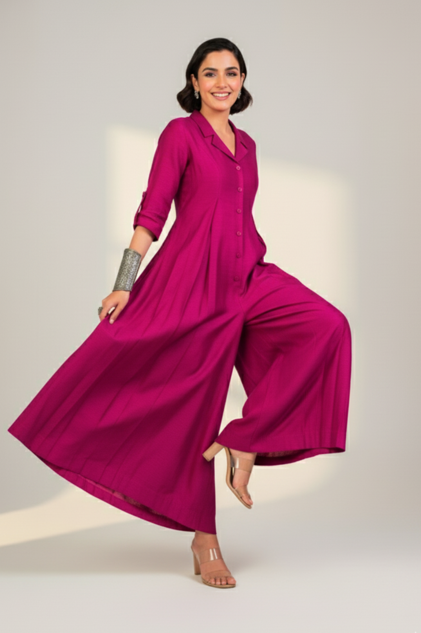 Maati  Fuchsia Flame Silk Slub Jumpsuit With Pockets & Collar
