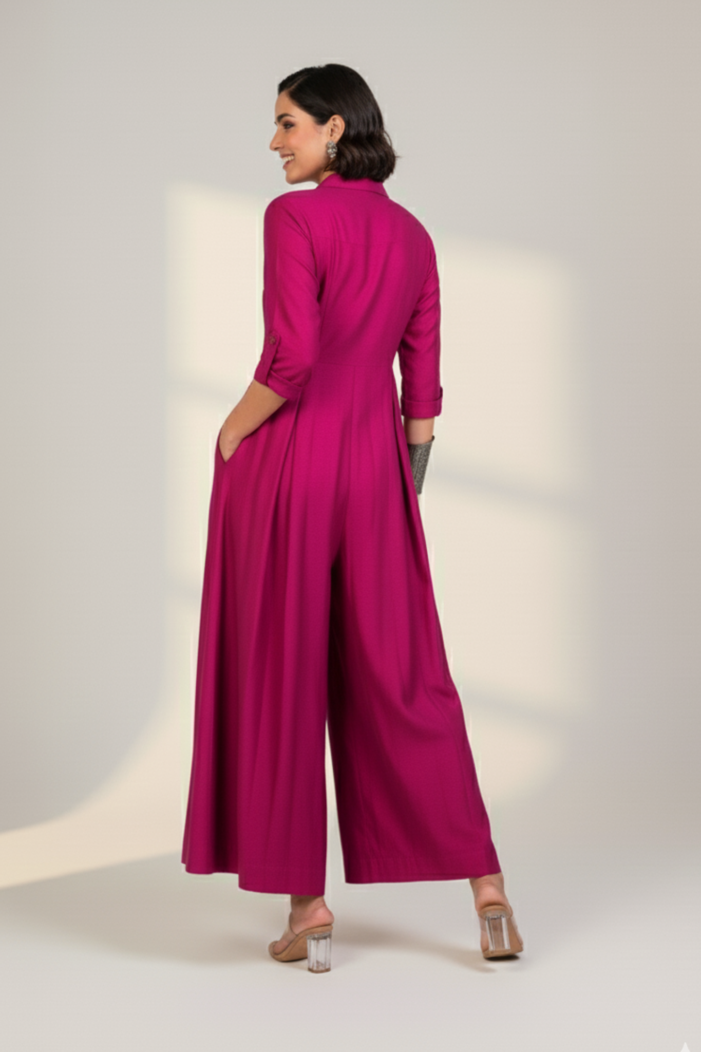 Maati  Fuchsia Flame Silk Slub Jumpsuit With Pockets & Collar